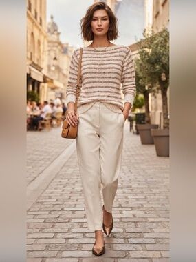 Vintage Escada Textured Kid Mohair Blend Striped Knit Sweater Cream n Brown